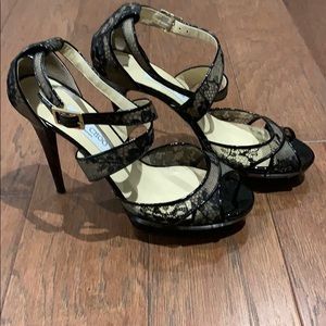 Black lace and patent leather Jimmy Choo sandals